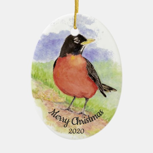 Dated Kerstmis Custom Waterverf Robin Bird Keramisch Ornament (Voorkant)