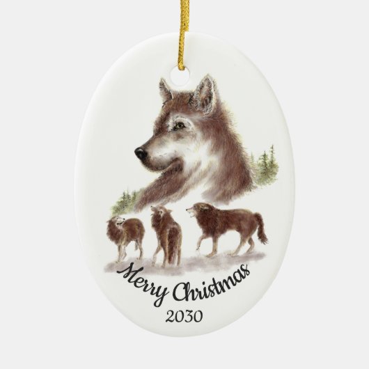 Dated Kerstmis Custom Waterverf Wolves Art Keramisch Ornament (Voorkant)