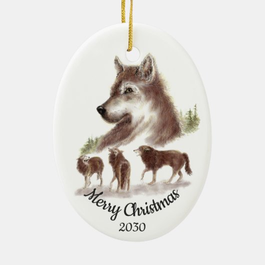 Dated Kerstmis Custom Waterverf Wolves Art Keramisch Ornament (Achterkant)