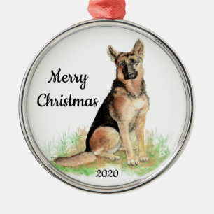 Dated Kerstmis Waterverf German Shepherd Dog Metalen Ornament