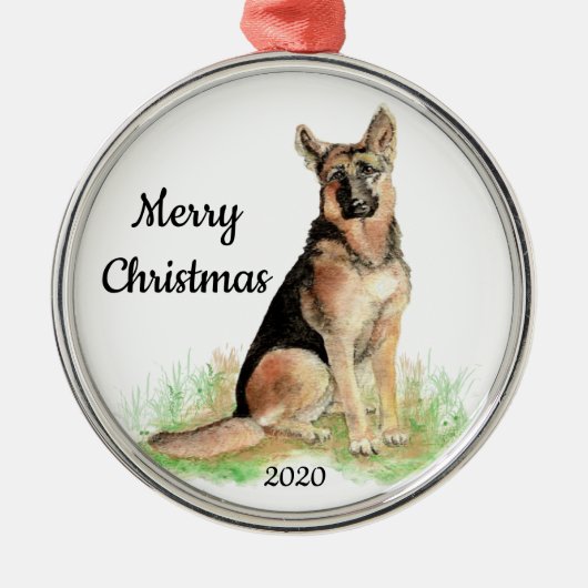 Dated Kerstmis Waterverf German Shepherd Dog Metalen Ornament (Voorkant)