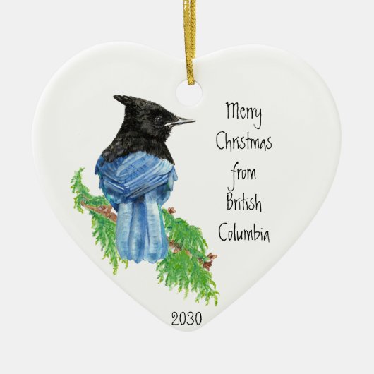 Dated Merry Kerstmis Brits Columbia Jay Bird Keramisch Ornament (Voorkant)