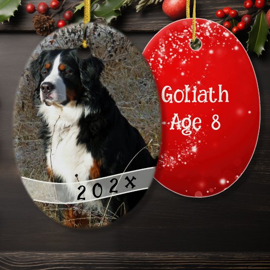 Dated Oval Dog Foto met kerstversiering Keramisch Ornament