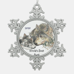Dated World's beste tante Wolf met Cubs Art Tin Sneeuwvlok Ornament