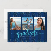 Datum afstuderen foto turquoise script navy wijzig uitnodiging briefkaart (Voorkant / Achterkant)