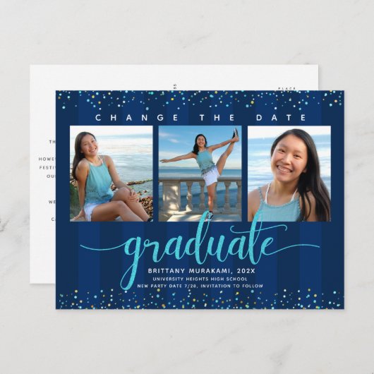 Datum afstuderen foto turquoise script navy wijzig uitnodiging briefkaart (Voorkant / Achterkant)