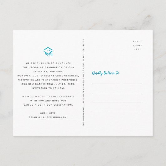 Datum afstuderen foto turquoise script navy wijzig uitnodiging briefkaart (Achterkant)