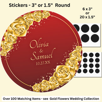 Datum + Bruid Bruidegom Namen, Goud Bloemen Maroon Ronde Sticker