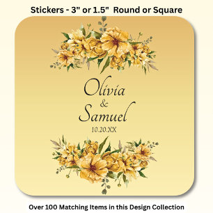Datum + Bruid & Bruidegom Namen Gouden Gele Bloeme Vierkante Sticker