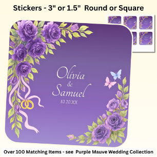 Datum + Bruid, Bruidegom Namen Paarse Mauve Bloeme Vierkante Sticker