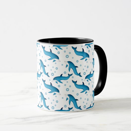 Dauphins et bulles sur blanc. Mug (Devant droit)