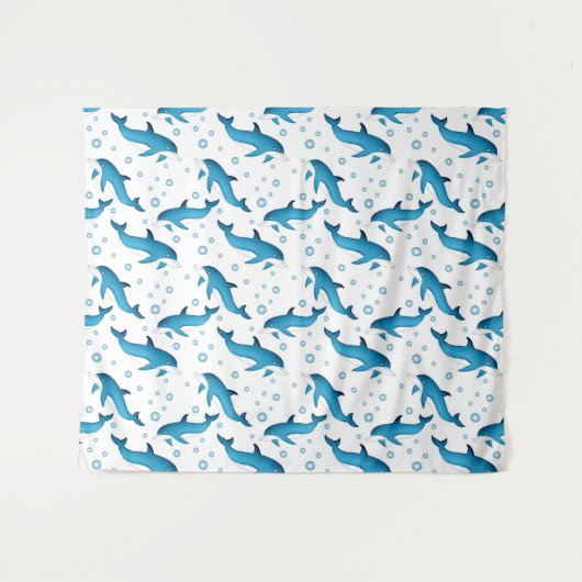 Dauphins et bulles sur blanc. Tenture (Devant (Horizontal))