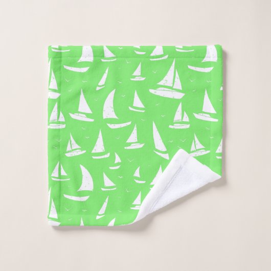 Dauphins et voiliers, Blanc Vert (Gant de toilette)