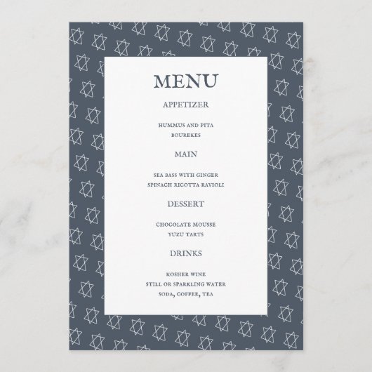 David B'nai Bat Bar Mitswa Joodse bruiloft Menu (Voorkant)