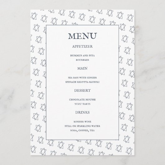 David B'nai Bat Bar Mitswa Joodse bruiloft Menu (Voorkant)