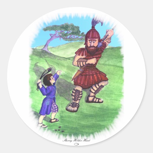 DAVID EN GOLIET RONDE STICKER (Voorkant)