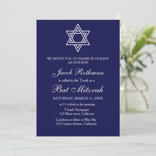 Davidster Eenvoudig Elegant Blauw Bat Mitzvah Kaart (Staand voorkant)