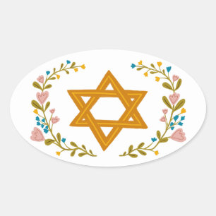 Davidster Handgetekende Bloemrijke Joodse Maatwerk Ovale Sticker