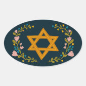 Davidster Handgetekende Joodse Florale Aangepaste  Ovale Sticker (Voorkant)