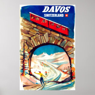 Davos, rode kabelbaan op de brug, Zwitserland Poster