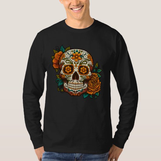 Day Of Dead Sugar Skull Floral Skeleton Head Bone  T-shirt (Voorkant)