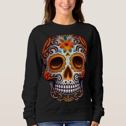 Day Of Dead Sugar Skull Floral Skeleton Head Bone Trui (Voorkant)