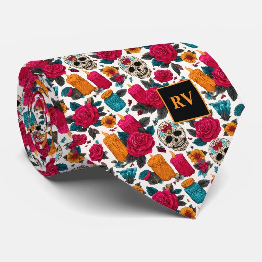 Day of the Dead Candles, Roses and Sugar Skulls Stropdas (Opgerold)