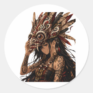 DAYAK HUDOQ MASK VROUW STAMKUNST STICKER