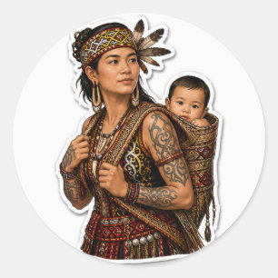 DAYAK MOEDER EN BABY STAM BORNEO KUNST RONDE STICKER