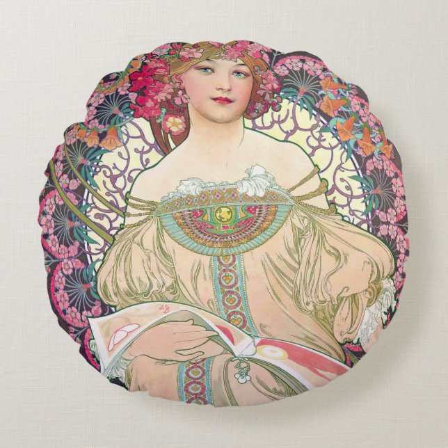 Daydroom (Lente), Alphonse Mucha Sierkussen Rond Kussen (Voorkant)