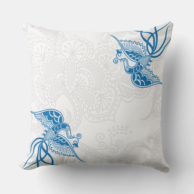 Dazzling Blue Bird & Floral Pattern Pillow Kussen (Voorkant)