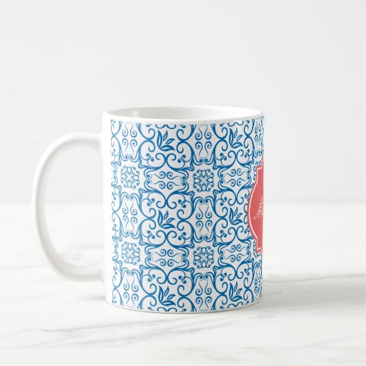 Dazzling Blue Damask Monogram Mok (Links)