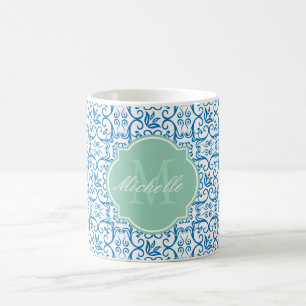 Dazzling Blue Damask Monogram Mok
