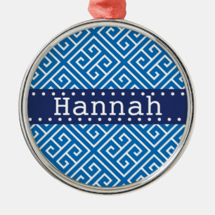 Dazzling Blue White Greek Key Pattern Blue Name Metalen Ornament