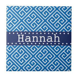 Dazzling Blue White Greek Key Pattern Blue Name Tegeltje