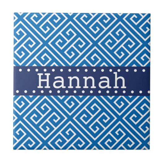 Dazzling Blue White Greek Key Pattern Blue Name Tegeltje (Voorkant)