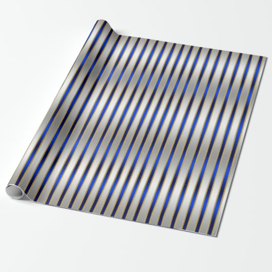 Dazzling Shiny Silver en Royal Blue Stripes Cadeaupapier (Uitgerold)
