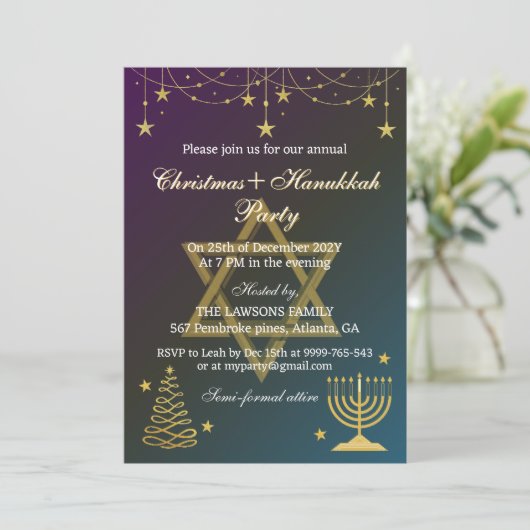 Dazzling Stars Kerstmis-Chanoeka Party Uitnodiging (Staand voorkant)