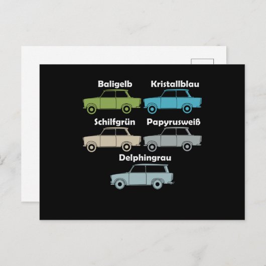 DDR Trabi alle Farben der kultigen Pappe Briefkaart (Voorkant / Achterkant)