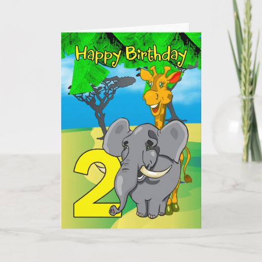 de 2de Kaart van de Verjaardag - Olifant, Giraffe, (Voorkant)