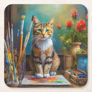 De Artistieke Kat Vierkante Kartonnen Onderzetter