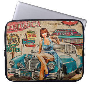 De auto reist door de Amerikaanse vintage poster. Laptop Sleeve