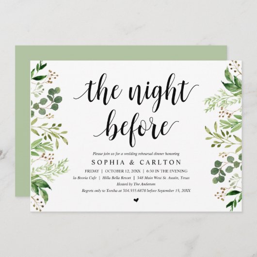 De avond voor de bruiloft, groen, repetitie diner kaart (Voorkant / Achterkant)