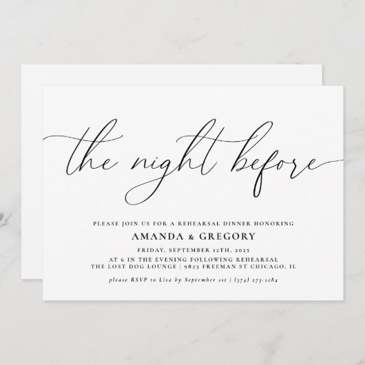 De avond voor het bruiloftsrepetitie diner kaart (Voorkant / Achterkant)