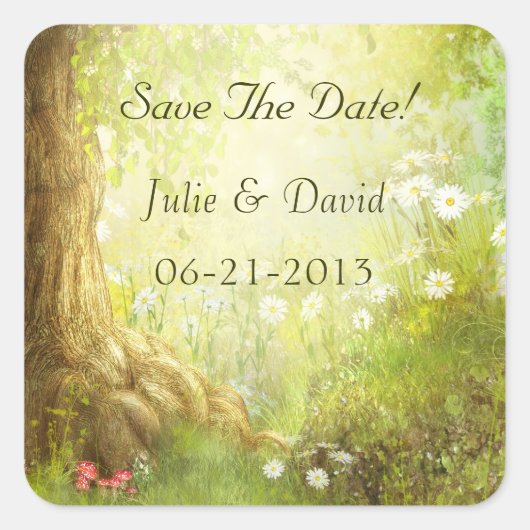 De betoverde Forest Scene bewaart de datum Vierkante Sticker (Voorkant)