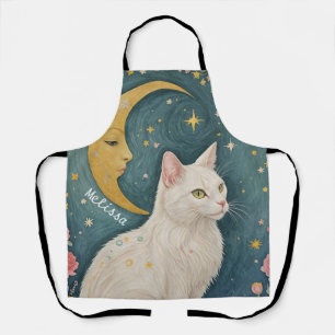 De betoverende witte kat met groene ogen schort