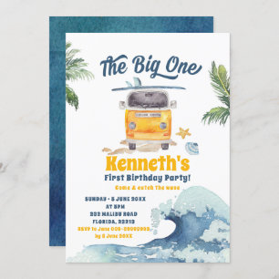De Big One Surfing Retro First Birthday Invitation Kaart