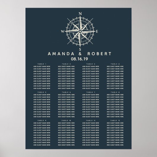 De blauwe kompas | Nautical Wedding Seating Chart Poster (Voorkant)