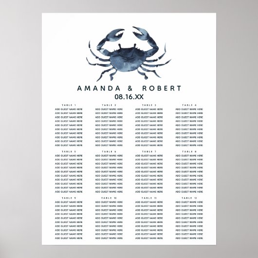 De blauwe krab | Nautical Wedding Seating Chart Poster (Voorkant)