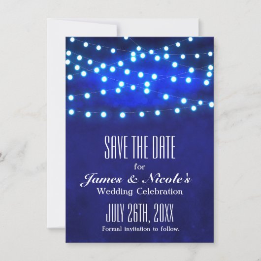 De blauwe Rustic Night String Lichten sparen de Ka Save The Date (Voorkant)